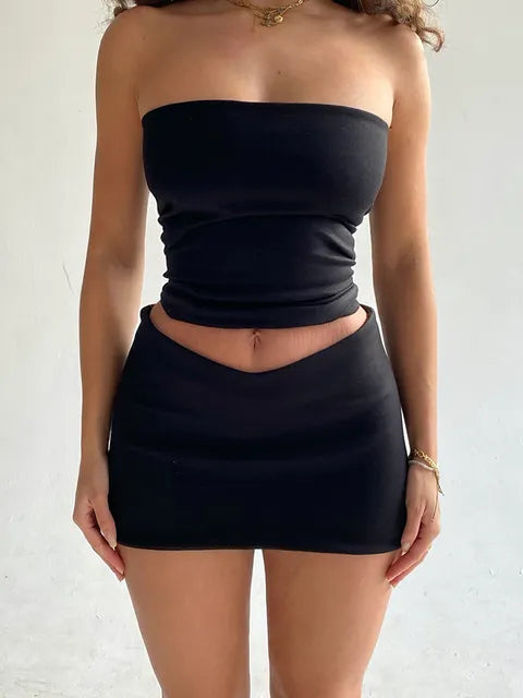 Hugcitar Solid Sleeveless Folds Tube Crop Top Skirts